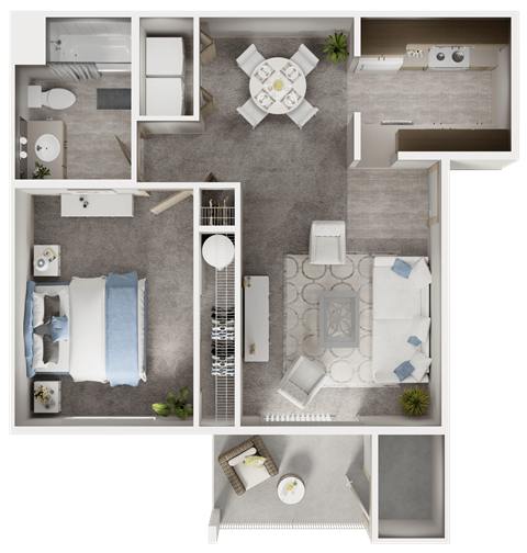 Floor plan for 1 bed, 1 bath, 749 sqft